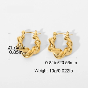 Detailed size chart for twisted gold hoop earrings showing dimensions and weight