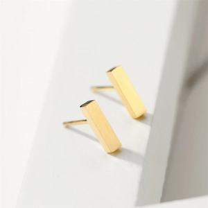 Minimalist gold bar stainless steel stud earrings with polished metallic luster for women