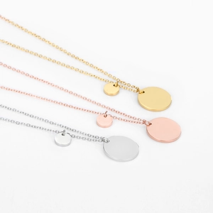 Three-color minimalist stainless steel necklace with double round disc pendants in gold and silver