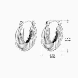 Detailed size specifications of silver twisted hoop earrings with product dimensions