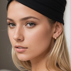 Minimalist gold teardrop stud earrings for women paired with a black elastic headband