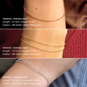 Minimalist layered stainless steel chain bracelet with 14K gold plating and 15+3cm length
