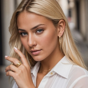 Minimalist gold teardrop earrings and ring set worn by a model in a modern urban setting