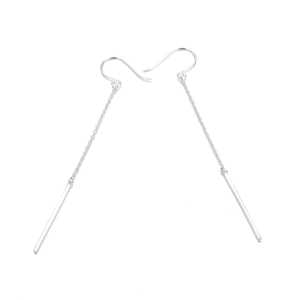 Detail of silver long chain earrings featuring minimalist polished bar pendants and hooks
