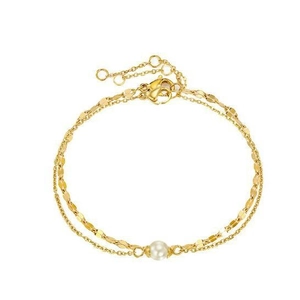 Gold double-layer stainless steel chain bracelet with white pearl and lace link design