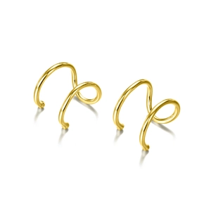 Minimalist double spiral gold earrings with high polish finish and sphere ends on white base