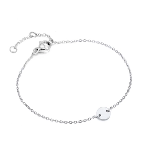 Adjustable silver stainless steel round pendant bracelet with dainty cable chain for women