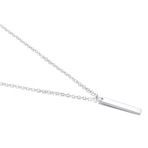 Detail of polished silver bar pendant on a delicate cable chain necklace