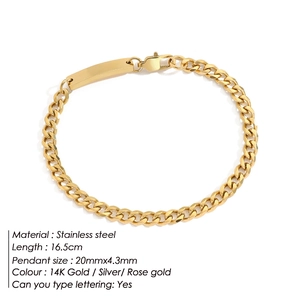 Detailed specs of a 14K gold plated stainless steel Cuban chain bracelet for engraving