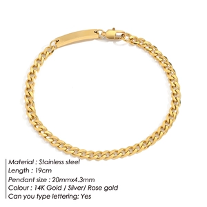 Macro view of gold stainless steel Cuban chain bracelet with customizable ID plate