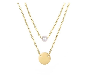 Detail of layered gold stainless steel necklace featuring a white pearl and round pendant