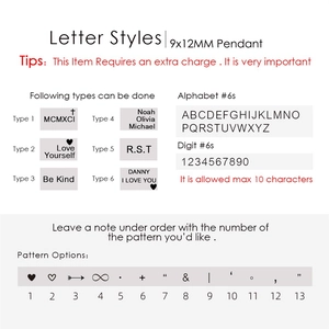 Custom guide for 9x12MM pendant with 6 font styles and 13 icons for personal engraving