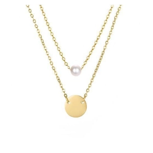 Double-layered golden stainless steel necklace with a pearl and round pendant charm