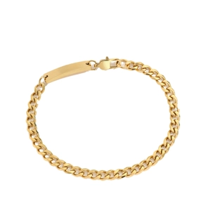Polished gold-plated stainless steel Cuban link bracelet with a custom engravable metal plate