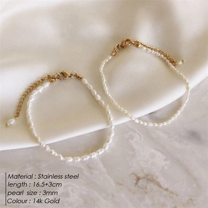 Elegant 14k gold plated stainless steel bracelet with 3mm white pearls for women