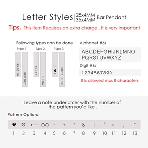 Detailed guide for customized bar pendant engraving with dimensions and font options