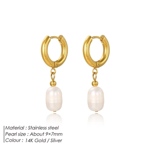 Detail of 14K gold plated stainless steel hoops with 9x7mm freshwater pearl drops