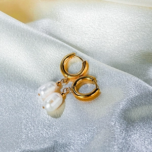 Elegant 14K gold plated stainless steel hoop earrings with natural freshwater pearls