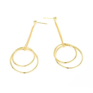 Minimalist gold stainless steel drop earrings with layered circles and long thin chains