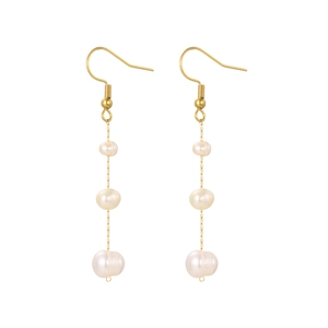 Boucles d'oreilles pendantes en acier doré avec trois perles d'eau douce blanches