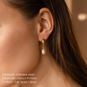 14K gold plated stainless steel hoop earrings with 9x7mm freshwater pearls for women