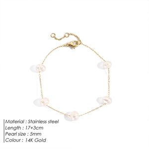 Detailed view of stainless steel bracelet with 5mm pink pearls and adjustable chain