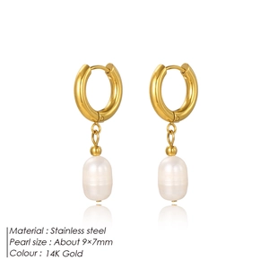 14K gold plated stainless steel hoop earrings with 9x7mm freshwater pearls