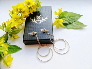 Close-up of golden geometric tassel earrings with double rings on a jewelry box