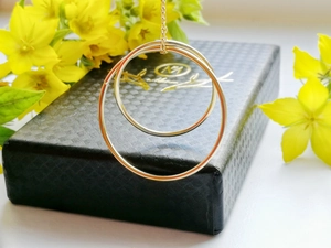 Detail of minimalist 18K gold double circle pendant necklace on a jewelry gift box