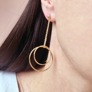 Minimalist Stainless Steel Double Circle Dangle Earrings For Women Gold Plated Geometric Chain Long Drop Earrings Fashion Jewelry Gift