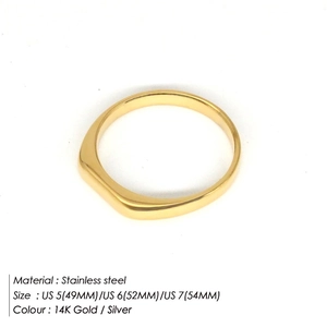 Detail view of 14K gold plated stainless steel signet ring with size and color specs