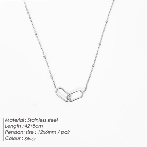 Detailed view of silver stainless steel necklace with interlocking oval rings and beads