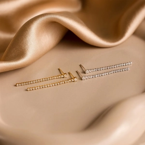 Détail de boucles d'oreilles pendantes élégantes avec zircons clairs en or et en argent