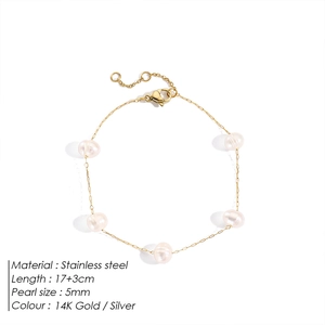 14K gold plated stainless steel bracelet with five 5mm white pearls and 17+3cm chain