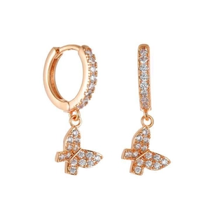 Close-up of rose gold butterfly hoop earrings with pave-set zircon stones
