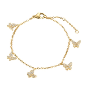 Bracelet papillon doré élégant avec cinq breloques en cristal et chaîne de rallonge réglable