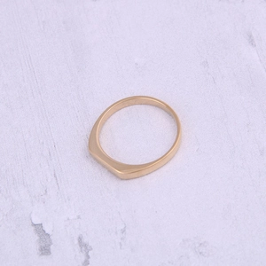 Detail shot of a polished 18K gold plated stainless steel ring on a textured stone surface