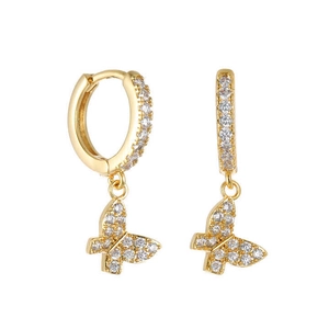 Elegant gold butterfly drop earrings with sparkling cubic zirconia pavé on white background