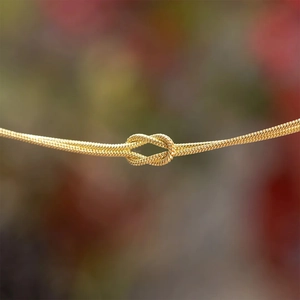 Macro shot of gold-plated snake bone chain featuring a delicate central knot design