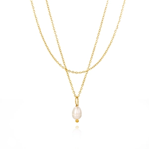 Élégant collier double épaisseur doré en acier inoxydable avec perle baroque