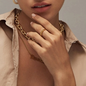 Minimalist 14K gold plated titanium steel ring set with Aquarius zodiac pendant necklace