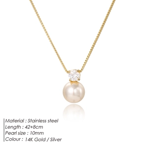 Elegant 14K gold plated stainless steel necklace with 10mm pearl and zircon pendant