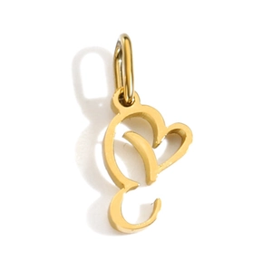 Polished gold stainless steel heart-shaped pendant with letter E hollow design
