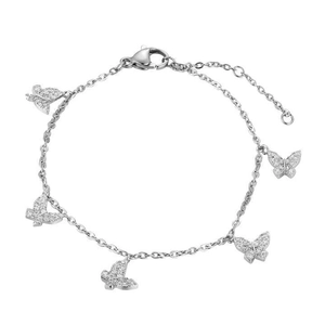 Bracelet papillon argenté élégant orné de zircons cubiques brillants et fermoir mousqueton