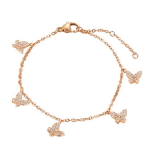 Gros plan d'un bracelet papillon or rose serti de zircons avec fermoir mousqueton