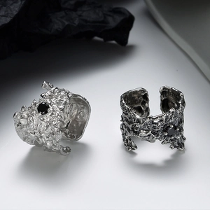 925 Sterling Silver Lava Texture Open Ring Vintage Distressed Rhinestone Gemstone Finger Ring Adjustable Jewelry Gift Women