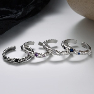 Vintage S925 sterling silver lava texture open rings set with colorful cubic zirconia