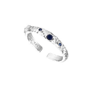 S925 sterling silver open ring with rock texture and three blue zircon stones
