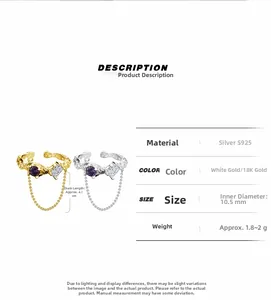 Détails de boucles d'oreilles clips en argent S925 avec gemme violette et chaîne perlée