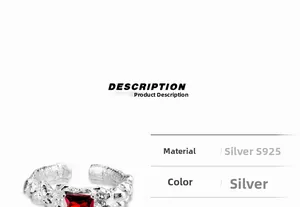 Detailed macro view of S925 sterling silver ring with molten texture and red gemstone